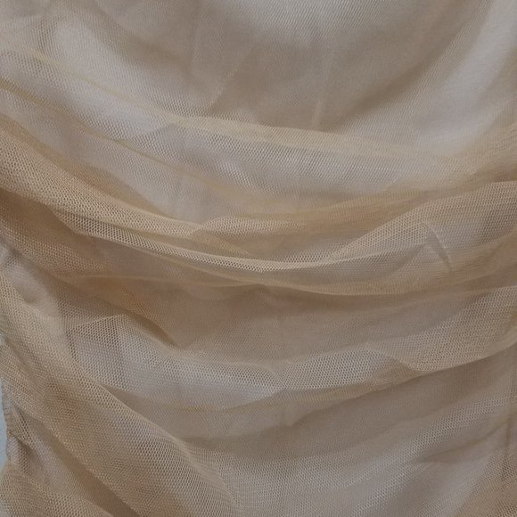 NWT OFF SHOULDER RUCHED MESH BODYCON MINI NUDE DRESS - Picture 8 of 8
